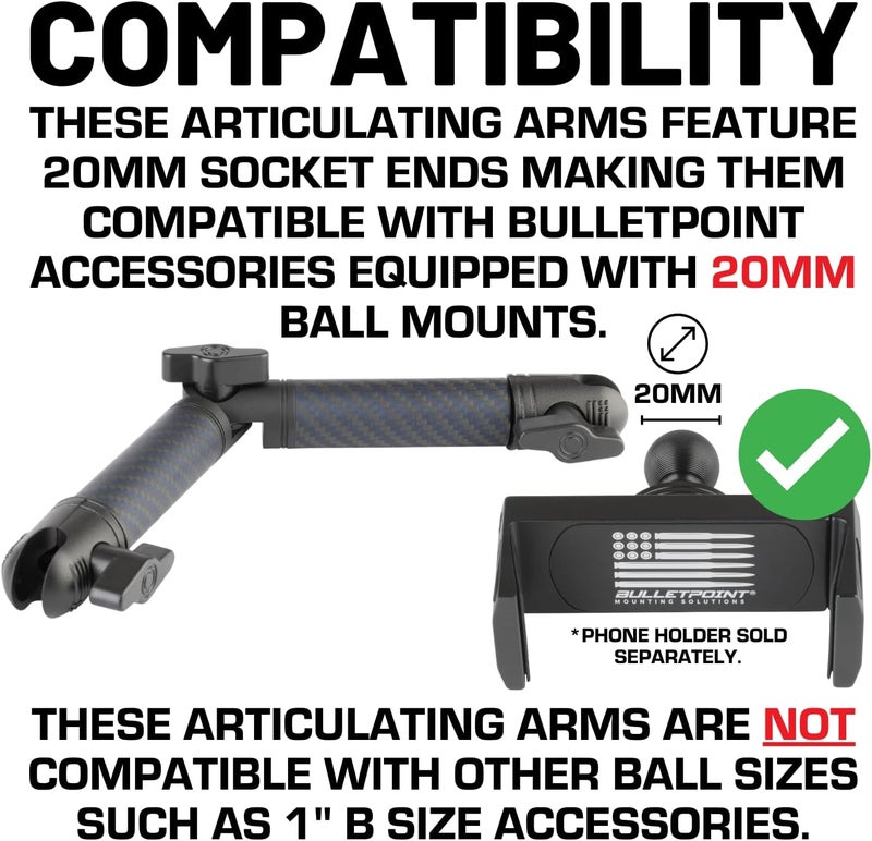 Bulletpoint Locking Adjustable Carbon Fiber Kevlar Mounting Arm with Articulating Joint Dual 20mm Socket Ends (7cm-to-7cm) - Image 5